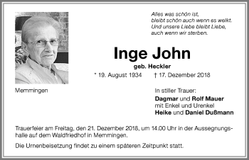 Traueranzeige von Inge John von Memminger Zeitung