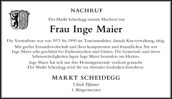 Traueranzeige von Inge Maier von Der Westallgäuer