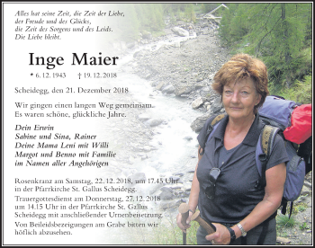 Traueranzeige von Inge Maier von Der Westallgäuer