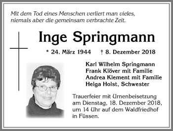 Traueranzeige von Inge Springmann von Allgäuer Zeitung, Füssen