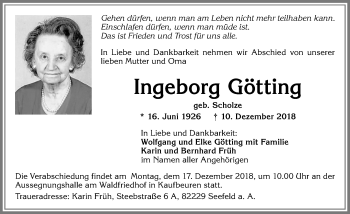 Traueranzeige von Ingeborg Götting von Allgäuer Zeitung, Kaufbeuren/Buchloe
