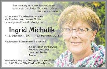 Traueranzeige von Ingrid Michalik von Allgäuer Zeitung