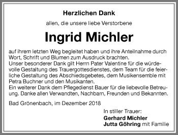 Traueranzeige von Ingrid Michler von Memminger Zeitung