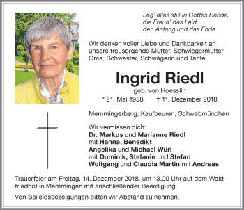 Traueranzeige von Ingrid Riedl von Memminger Zeitung