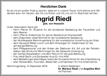 Traueranzeige von Ingrid Riedl von Memminger Zeitung