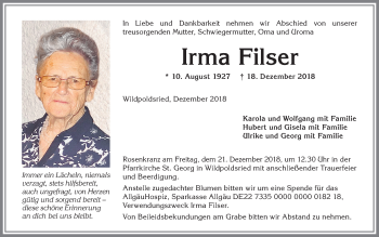 Traueranzeige von Irma Filser von Allgäuer Zeitung,Kempten