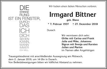 Traueranzeige von Irmgard Bittner von Allgäuer Zeitung,Kempten