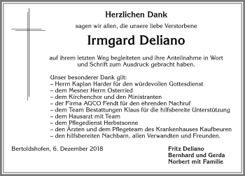 Traueranzeige von Irmgard Deliano von Allgäuer Zeitung, Marktoberdorf