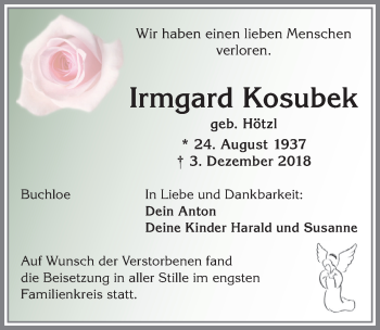 Traueranzeige von Irmgard Kosubek von Allgäuer Zeitung, Kaufbeuren/Buchloe