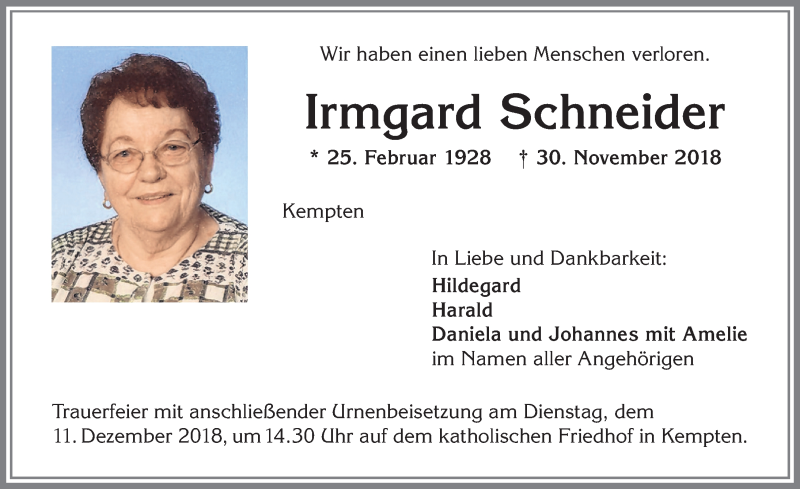  Traueranzeige für Irmgard Schneider vom 08.12.2018 aus Allgäuer Zeitung,Kempten