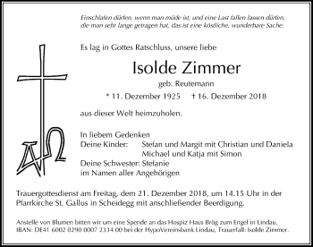 Traueranzeige von Isolde Zimmer von Der Westallgäuer