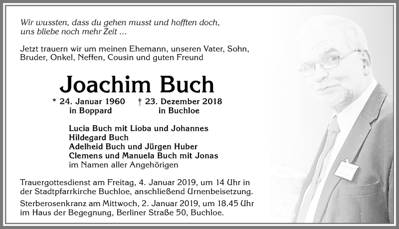  Traueranzeige für Joachim Buch vom 29.12.2018 aus Allgäuer Zeitung, Kaufbeuren/Buchloe