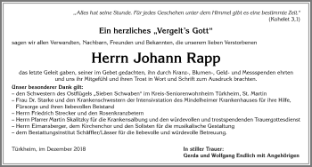 Traueranzeige von Johann Rapp von Allgäuer Zeitung, Kaufbeuren/Buchloe