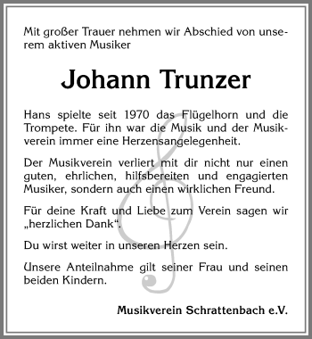 Traueranzeige von Johann Trunzer von Allgäuer Zeitung,Kempten