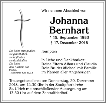 Traueranzeige von Johanna Bernhart von Allgäuer Zeitung,Kempten