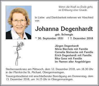 Traueranzeige von Johanna Degenhardt von Allgäuer Zeitung, Kaufbeuren/Buchloe