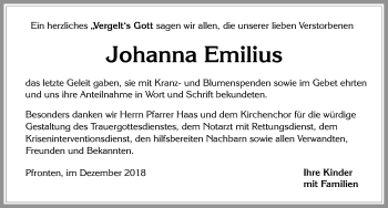 Traueranzeige von Johanna Emilius von Allgäuer Zeitung, Füssen