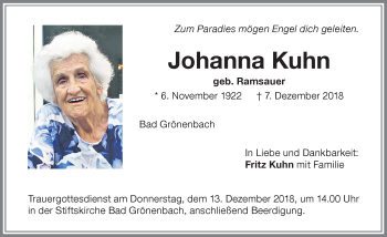 Traueranzeige von Johanna Kuhn von Memminger Zeitung