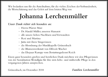 Traueranzeige von Johanna Lerchenmüller von Der Westallgäuer