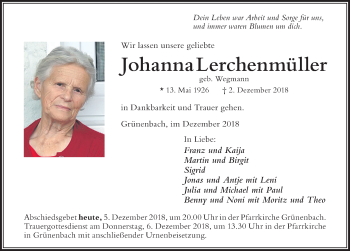 Traueranzeige von Johanna Lerchenmüller von Der Westallgäuer