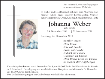 Traueranzeige von Johanna Weber von Der Westallgäuer