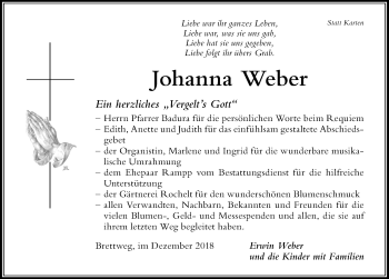 Traueranzeige von Johanna Weber von Der Westallgäuer
