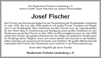 Traueranzeige von Josef Fischer von Allgäuer Zeitung, Kaufbeuren/Buchloe