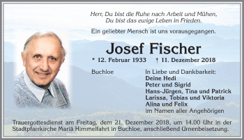 Traueranzeige von Josef Fischer von Allgäuer Zeitung, Kaufbeuren/Buchloe