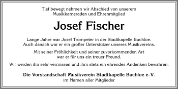 Traueranzeige von Josef Fischer von Allgäuer Zeitung, Kaufbeuren/Buchloe