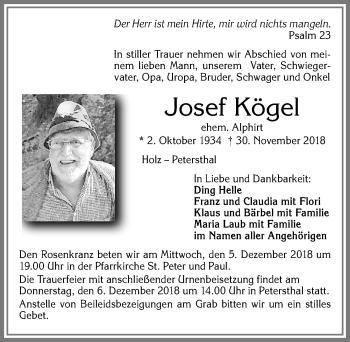 Traueranzeige von Josef Kögel von Allgäuer Zeitung,Kempten