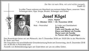Traueranzeige von Josef Kögel von Allgäuer Anzeigeblatt