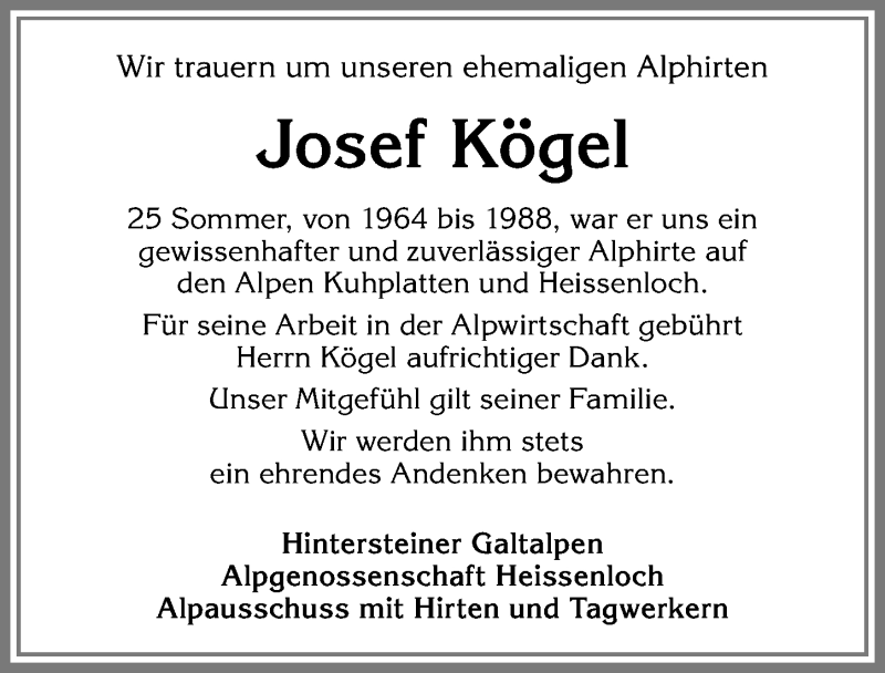  Traueranzeige für Josef Kögel vom 04.12.2018 aus Allgäuer Zeitung,Kempten