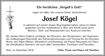 Traueranzeige von Josef Kögel von Allgäuer Anzeigeblatt