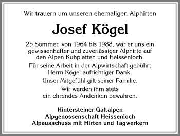 Traueranzeige von Josef Kögel von Allgäuer Anzeigeblatt