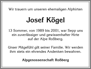 Traueranzeige von Josef Kögel von Allgäuer Anzeigeblatt
