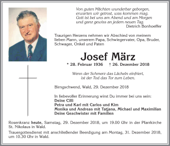 Traueranzeige von Josef März von Allgäuer Zeitung, Marktoberdorf