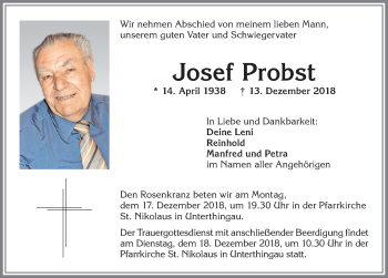 Traueranzeige von Josef Probst von Allgäuer Zeitung, Marktoberdorf