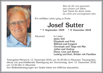 Traueranzeige von Josef Sutter von Allgäuer Zeitung,Kempten