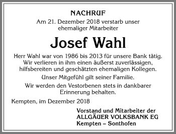 Traueranzeige von Josef Wahl von Allgäuer Zeitung,Kempten
