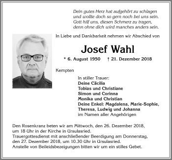 Traueranzeige von Josef Wahl von Allgäuer Zeitung,Kempten