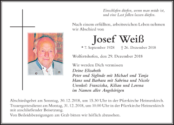 Traueranzeige von Josef Weiß von Der Westallgäuer