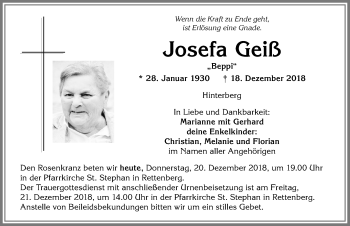 Traueranzeige von Josefa Geiß von Allgäuer Anzeigeblatt
