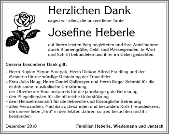 Traueranzeige von Josefine Heberle von Allgäuer Zeitung, Kaufbeuren/Buchloe