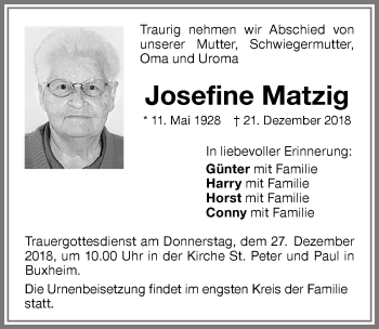 Traueranzeige von Josefine Matzig von Memminger Zeitung
