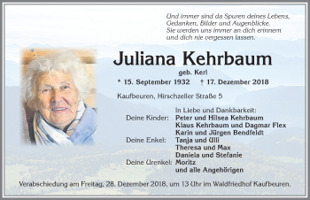 Traueranzeige von Juliana Kehrbaum von Allgäuer Zeitung, Kaufbeuren/Buchloe
