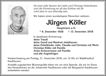 Traueranzeige von Jürgen Köller von Allgäuer Zeitung, Kaufbeuren/Buchloe