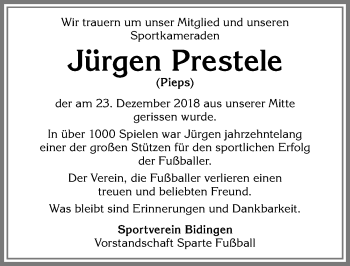 Traueranzeige von Jürgen Prestele von Allgäuer Zeitung, Marktoberdorf