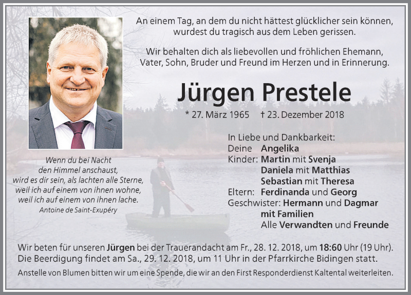  Traueranzeige für Jürgen Prestele vom 27.12.2018 aus Allgäuer Zeitung