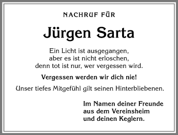 Traueranzeige von Jürgen Sarta von Memminger Zeitung