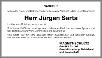 Traueranzeige von Jürgen Sarta von Memminger Zeitung